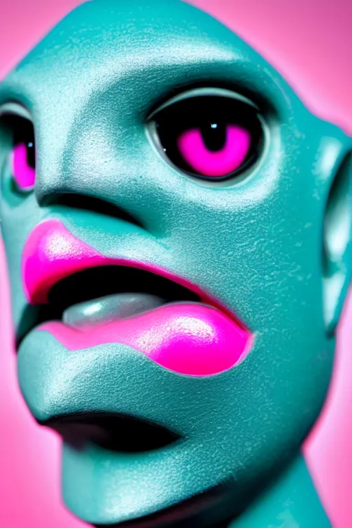 Image similar to hyperrealistic very deatiled profile rococo female face with neon pink eyes and mechanical mouth Stanley Artgermm very soft teal lighting wide angle 35mm shallow depth of field 8k