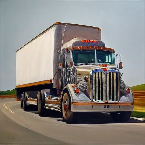 Prompt: high quality high detail painting by lucian freud, hd, truck driver behind the wheel, photorealistic lighting