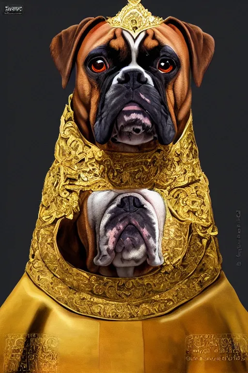 Prompt: an oil painting portrait of a boxer dog wearing medieval royal robe and an ornate crown on a dark background, digital Art, concept Art, highly detailed, 3-D 4K, trending on art station, Award winning, Mark Brooks