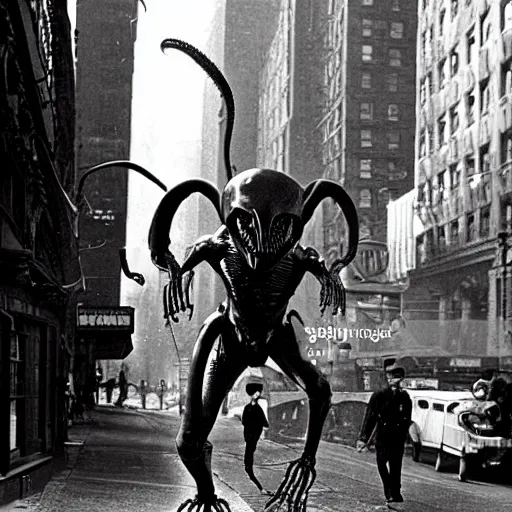 Prompt: old black and white photo, 1 9 1 3, depicting a xenomorph from the movie aliens rampaging through the bustling streets of new york city, historical record - n 9