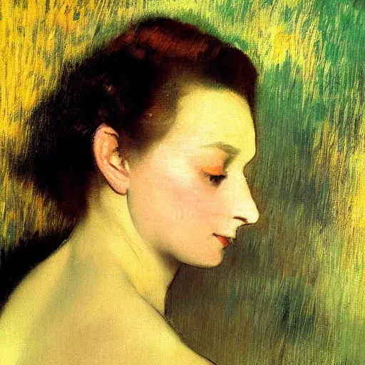 Prompt: a closeup portrait of a young vivian leigh, dramatic light, painted in oil by edgar degas, masterpiece