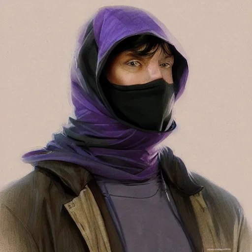 Image similar to ultra realistic illustration, man in a black hood, in a striped purple balaclava, mysterious, highly detailed, digital painting, artstation, concept art, smooth, sharp focus, illustration, art by artgerm and greg rutkowski and alphonse mucha