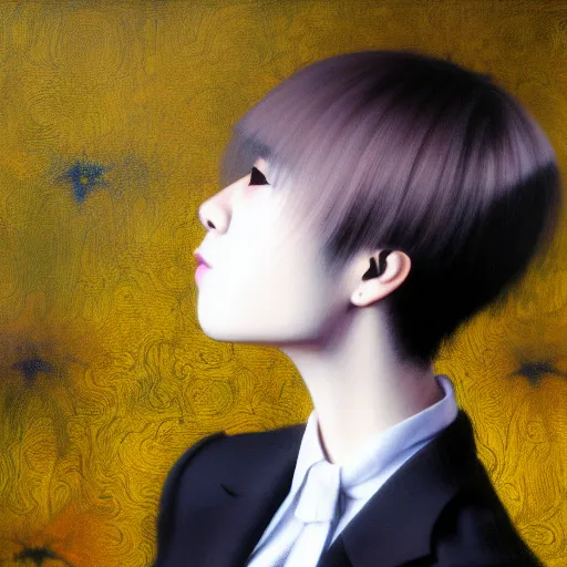 Image similar to yoshitaka amano blurred and dreamy realistic three quarter angle portrait of a young woman with short hair and black eyes wearing office suit with tie, junji ito abstract patterns in the background, satoshi kon anime, noisy film grain effect, highly detailed, renaissance oil painting, weird portrait angle, blurred lost edges