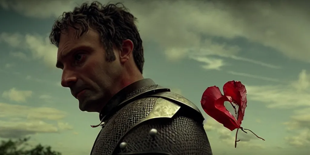 Image similar to film still of closeup the knight holds a bleeding heart in his hand by emmanuel lubezki