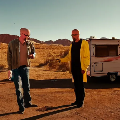 Prompt: walter white and jessie pinkman cooking meth in their rv in the desert,