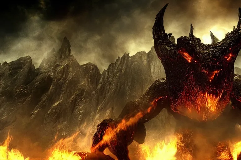 Image similar to movie still, giant balrog at the bridge of khazad - dum, style of h. r. giger, fiery, dark, realistic movie still, cinematic, cgi,