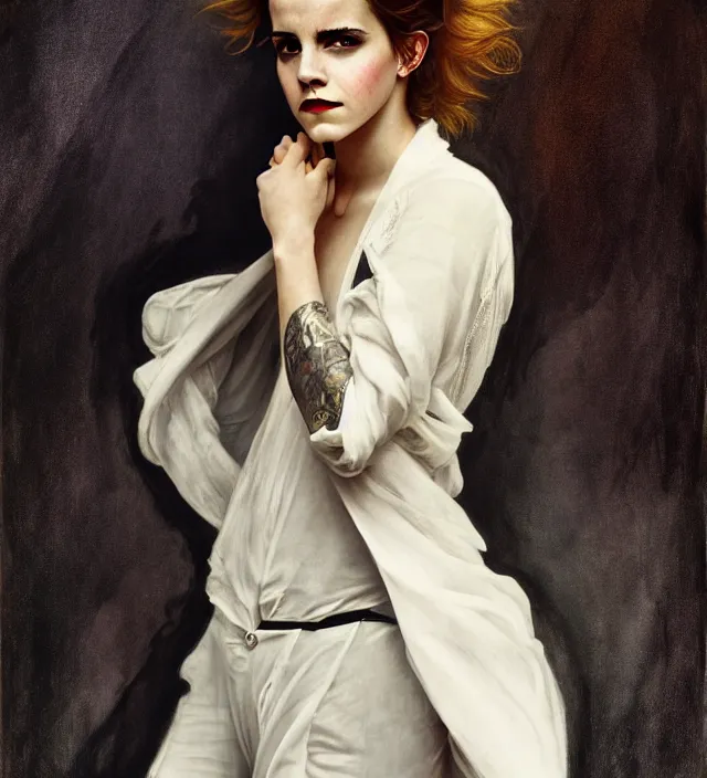 Image similar to emma watson stunning portrait of highly details androgynous ruby rose as desire from sandman, rockabilly style, white suit and black tie,, by egon shiele and alphonse mucha, with influence of jeremy mann, peter lindbergh, dave mckean, maurice sapiro, and frank moth, soft lightning, highly detailed, 8 k