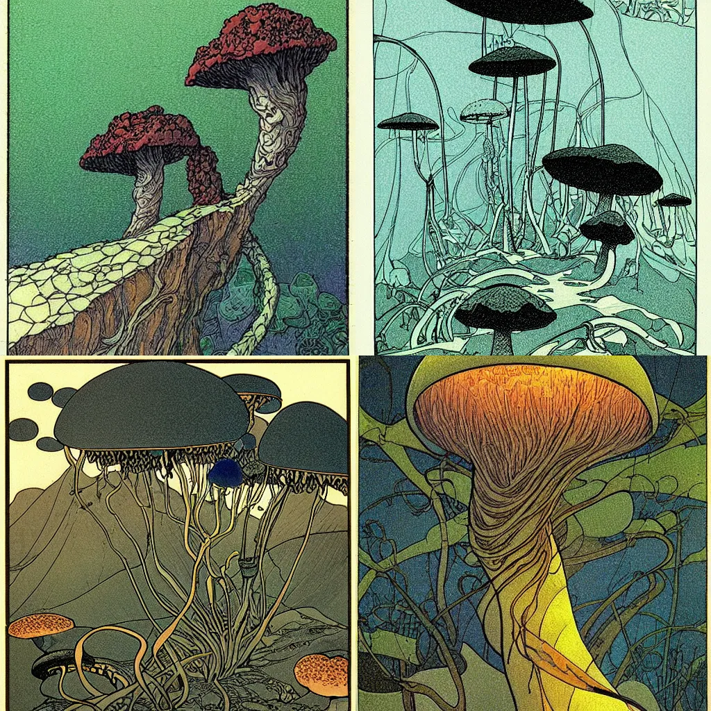 Prompt: studio light, fungal growth landscape by moebius, art nouveau, clean lines