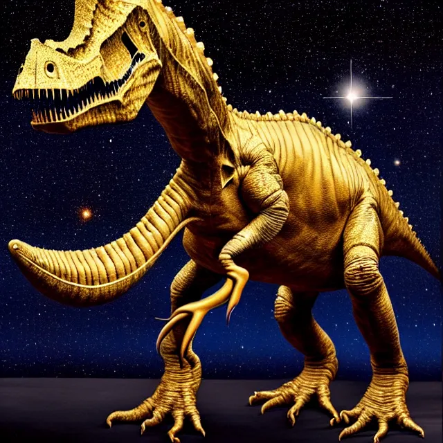 Prompt: a stargazing dinosaur by iris van herpen, artgerm, mark ryden, cinematic, 4 k, hdr, epic, daylight