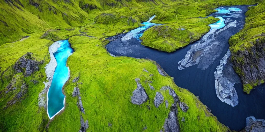 Image similar to drone shot photo of a landscape with mountains, waterfalls, wallpaper, lofoten, very very wide shot, blue glacier, iceland, new zeeland, green flush moss, national geographic, award landscape photography, professional landscape photography, sunny, day time, beautiful