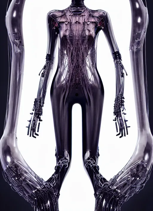 Prompt: catwalk, iris van herpen gothic inflateble dark dress, perfect symmetrical body, helmet on face, full body shot, inflateble shapes, wires, tubes, veins, jellyfish, white biomechanical details, wearing epic bionic cyborg implants, masterpiece, intricate, biopunk, vogue, highly detailed, artstation, concept art, cyberpunk, octane render