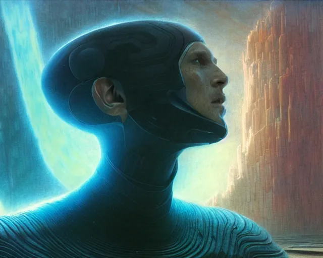 Image similar to a man falling into a tesseract, sci - fi, cyberpunk, dune movie, ridley scott, denis villeneuve, painted by zdzislaw beksinski and artgerm and greg rutkowski and alphonse mucha