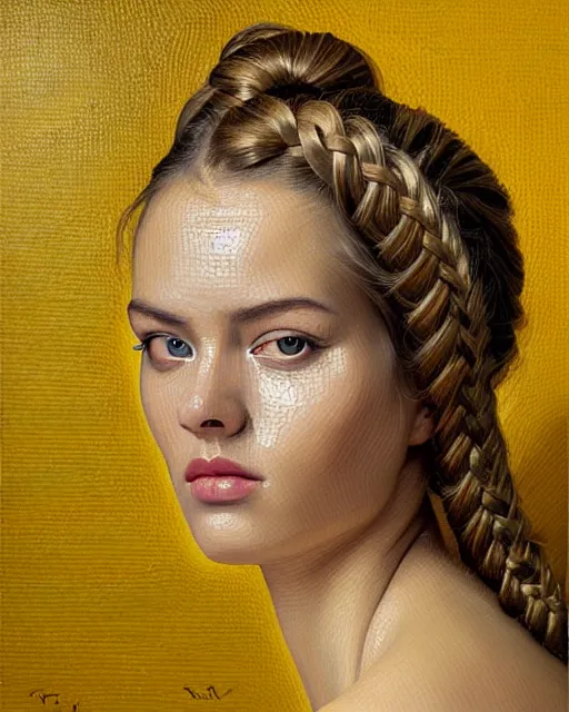 Prompt: a ultradetailed beautiful panting of a stylish woman sitting on the floor in a tiled room, highly detailed face, french braid hairstyle, yellow eyes, oil painting, by ilya kushinov