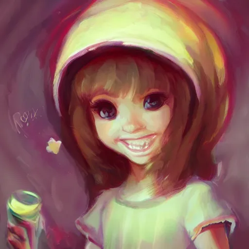 Image similar to Portrait of a beautiful little girl smiling with big eyes, as excited as the first time she ate sugar ,artwork by Ross Tran