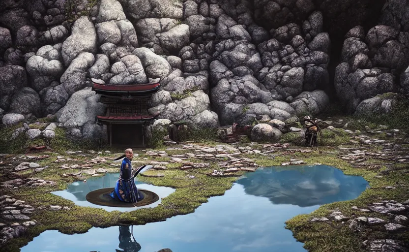Prompt: highly detailed digital illustration of samurai kneeling in the blue puddle in old, ruined, japanese village from sengoku period, surrounded by dense rock formations, high in mountains, cinematic lighting, photobash, raytracing, volumetric lighting