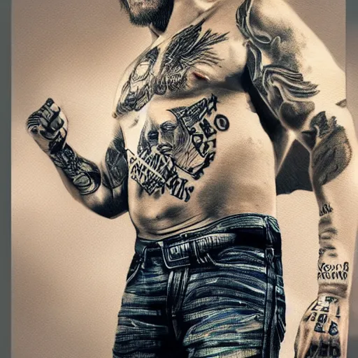 Image similar to Portrait of Jax Teller in blue jeans, Sons of Anarchy Tattoed on his back, intricate upper body, highly detailed, digital painting, artstation, concept art, smooth, sharp focus, illustration, art by Hajime Sorayama