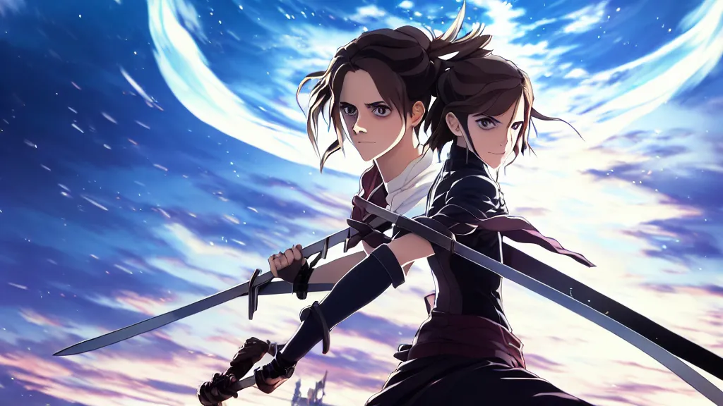 Image similar to a very detailed key visual of emma watson, demon slayer, ufotable, high quality, artgerm, action, on a street, night, fate stay night, unlimited blade works, greg rutkowski, high resolution, dynamic pose, landscape, medium portrait, samurai outfit, action, hyper realistic, anime, koyoharu gotouge, sakuga