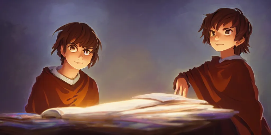 Prompt: a young boy mage with a brown cloak and brown hair is standing at his desk working on a new spell, colorful, flowing energy, light rays, anime boy, boy, consistent face, anime boy face, medium shot, waist up, pixar and disney animation, sharp, concept art, highly detailed, trending on artstation, bloom, dramatic lighting, cinematic