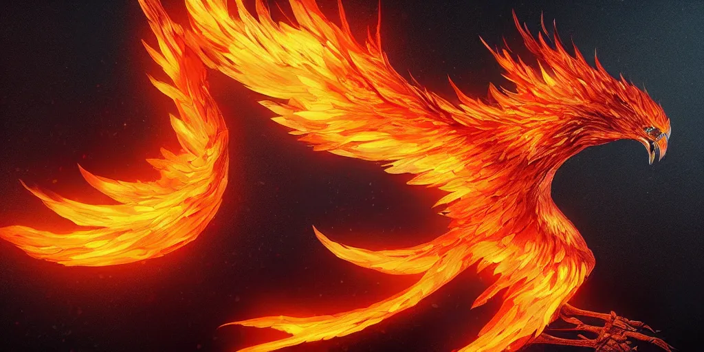 Prompt: artwork of one flame phoenix, highly detailed, artstation, night black sky background, smooth illustration, digital art, unreal engine, ultra realistic, fine art, concept art