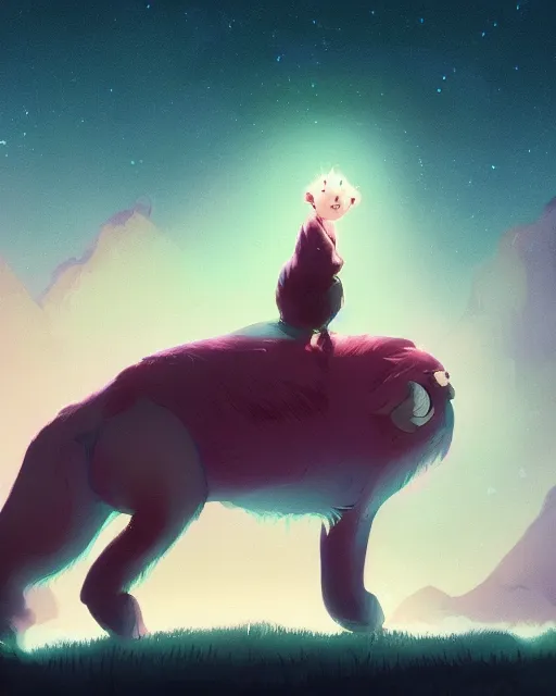 Prompt: kipo ( kipo and the age of wonderbeasts ) standing under the stars with an arm raised to the night sky, in professional makeup, dramatic lighting, by lois van baarle, greg rutkowski, ( ilya kuvshinov ), 4 k, trending on artstation