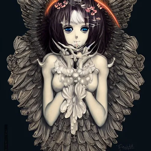 Image similar to anime manga skull portrait young woman, cherub, angel, wings, heaven, skeleton, intricate, elegant, highly detailed, digital art, ffffound, art by JC Leyendecker and sachin teng