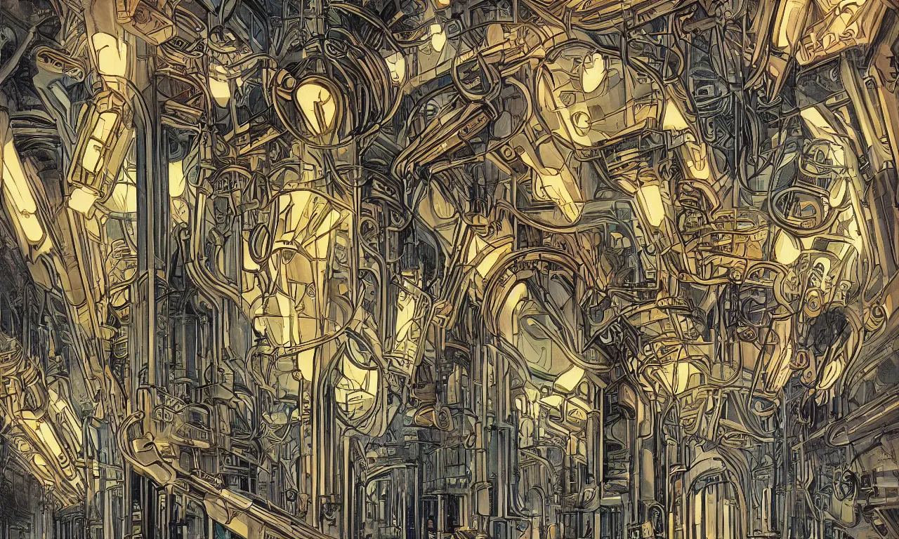 Image similar to bolts and whistles, art nouveau style 2049, digital art, perfect lighting