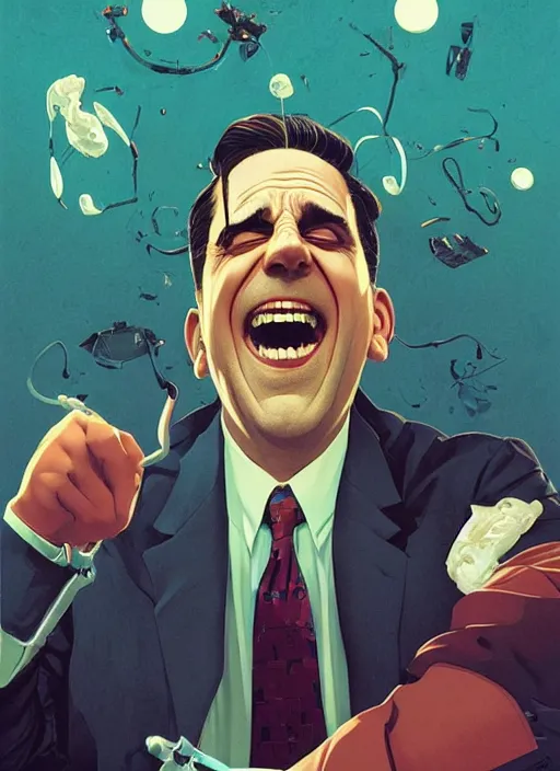 Prompt: poster artwork by Michael Whelan and Tomer Hanuka, Karol Bak of Michael Scott laughing, from scene from The Office, clean, simple illustration, nostalgic, domestic, full of details