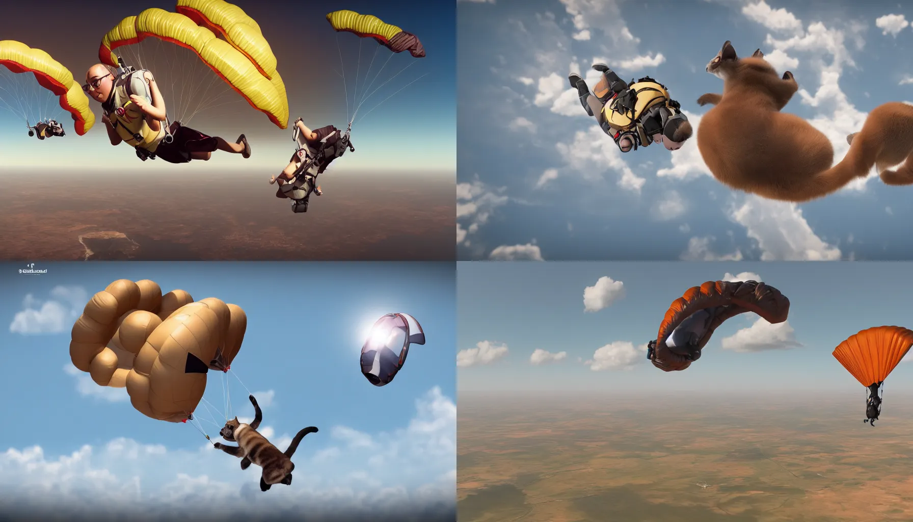 Prompt: a Siamese cat skydiving parachute open, photo realistic, 4k, realistic lighting, octane render