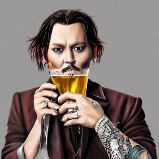 Image similar to Photorealistic Johnny Depp drinking a mega pint of wine, Hyperdetailed, 108 Megapixels, Artstation concept art