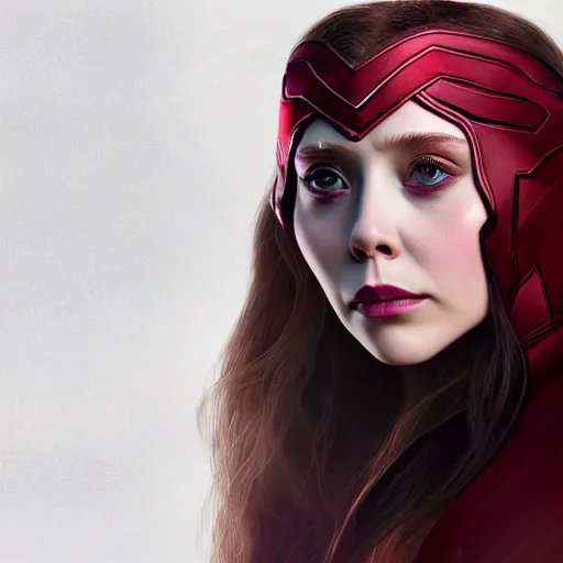 Prompt: Elizabeth Olsen as the Scarlet Witch in alt attire and heavy alt makeup, trending on artstation, gloomy atmosphere, photorealistic facial features, 4k, 8k