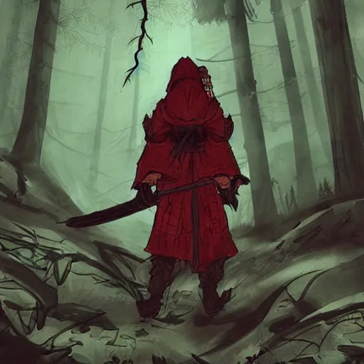 Prompt: lost in the deep dark woods, story of little red riding hood as a samurai, evil wolf with samurai sword, future tokyo, cyberpunk old style, Japanese tattoos, old fairy tale, atmospheric background, third person view