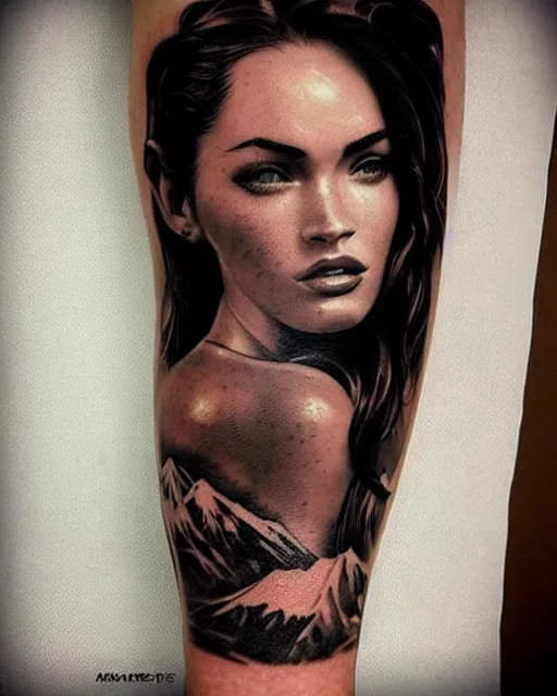 Image similar to double exposure effect tattoo design sketch of megan fox with amazing mountain scenery, realism tattoo, in the style of den yakovlev, amazing detail, sharp