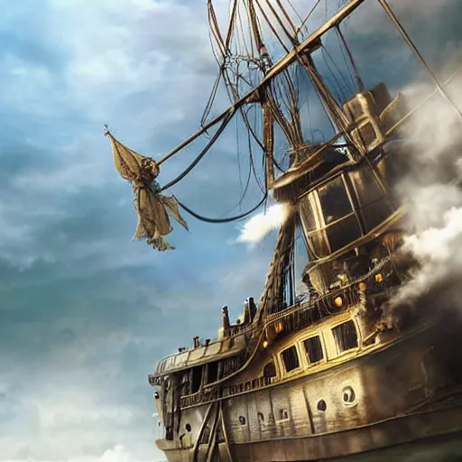 Prompt: cinematic shot epic portrait a steam punk ship flying in the clouds, hyper realistic, mood lighting, fantasy, detailed face, highly detailed, super realistic, perfect lighting