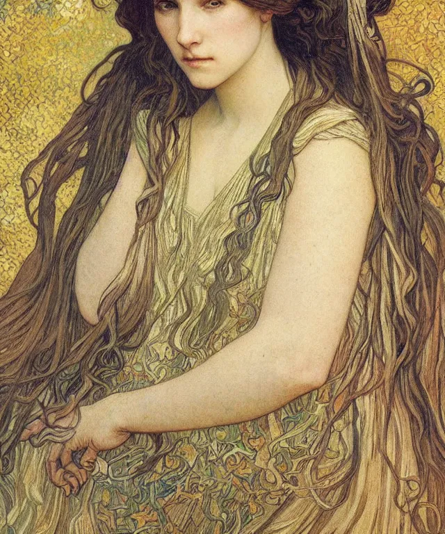 Image similar to detailed realistic beautiful young medieval queen face portrait by jean delville, alphonse mucha, vincent van gogh, and marco mazzoni, art nouveau, symbolist, visionary, gothic, pre - raphaelite
