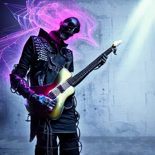 Image similar to gothpunk Skeletor with laser eyes, playing electric guitar, smoke, lights, lasers, highly detailed, realistic, technology and magic, studio lighting, UHD
