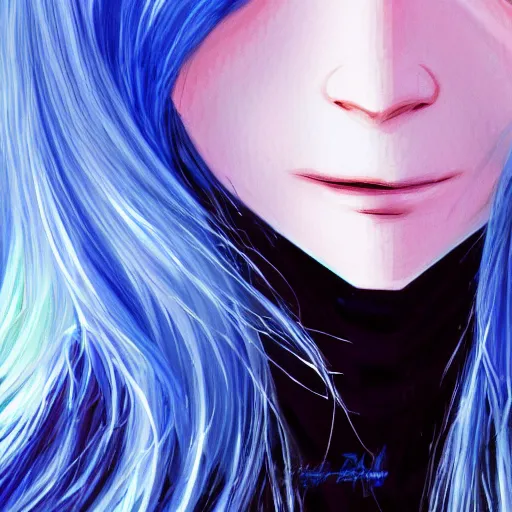 Image similar to full face shot of rimuru tempest, sky blue straight hair, long bangs, amber eyes, wearing a fancy black jacket, high collar, ultra detailed, brush strokes, digital painting, cinematic, wlop artstation, closeup, pixiv, eerie, scary, intimidating, evil, yoshitaka amano, junji ito,