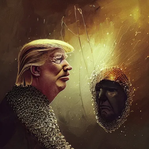 Image similar to eyes face nose mouth ears portrait of Donald Trump wearing chainmail whilst twirling a spear ismail inceoglu ishbel myerscough