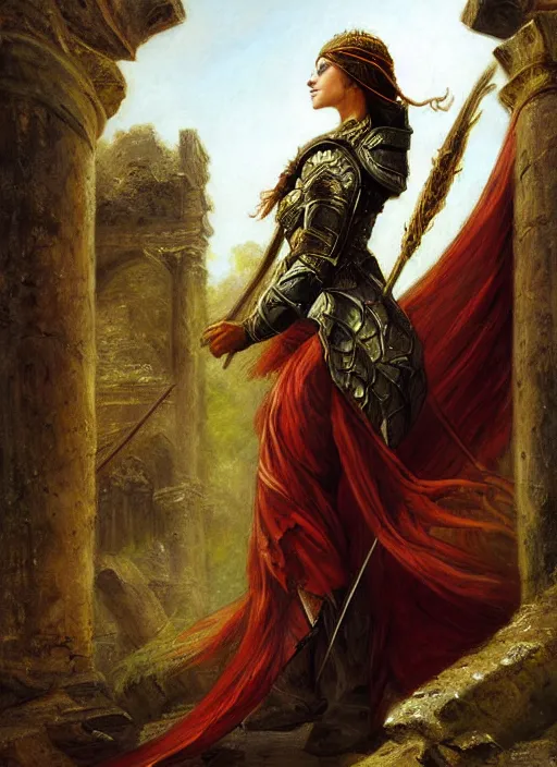 Prompt: woman in dark princess dragon armor, walking on the mystical ancient ruins. by william henry hunt