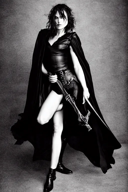 Image similar to keira knightley dressed as a dnd rogue wearing a black cape and high leather boots, cosplay, photo shoot, studio lighting, portrait by bruce weber