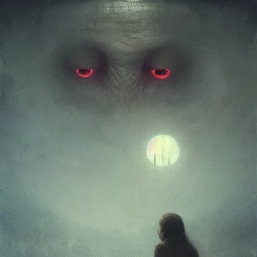 Prompt: a giant face talking to miniscule human, by greg rutkowski + beksinski, atmospheric, cinematic, dramatic colors, horror