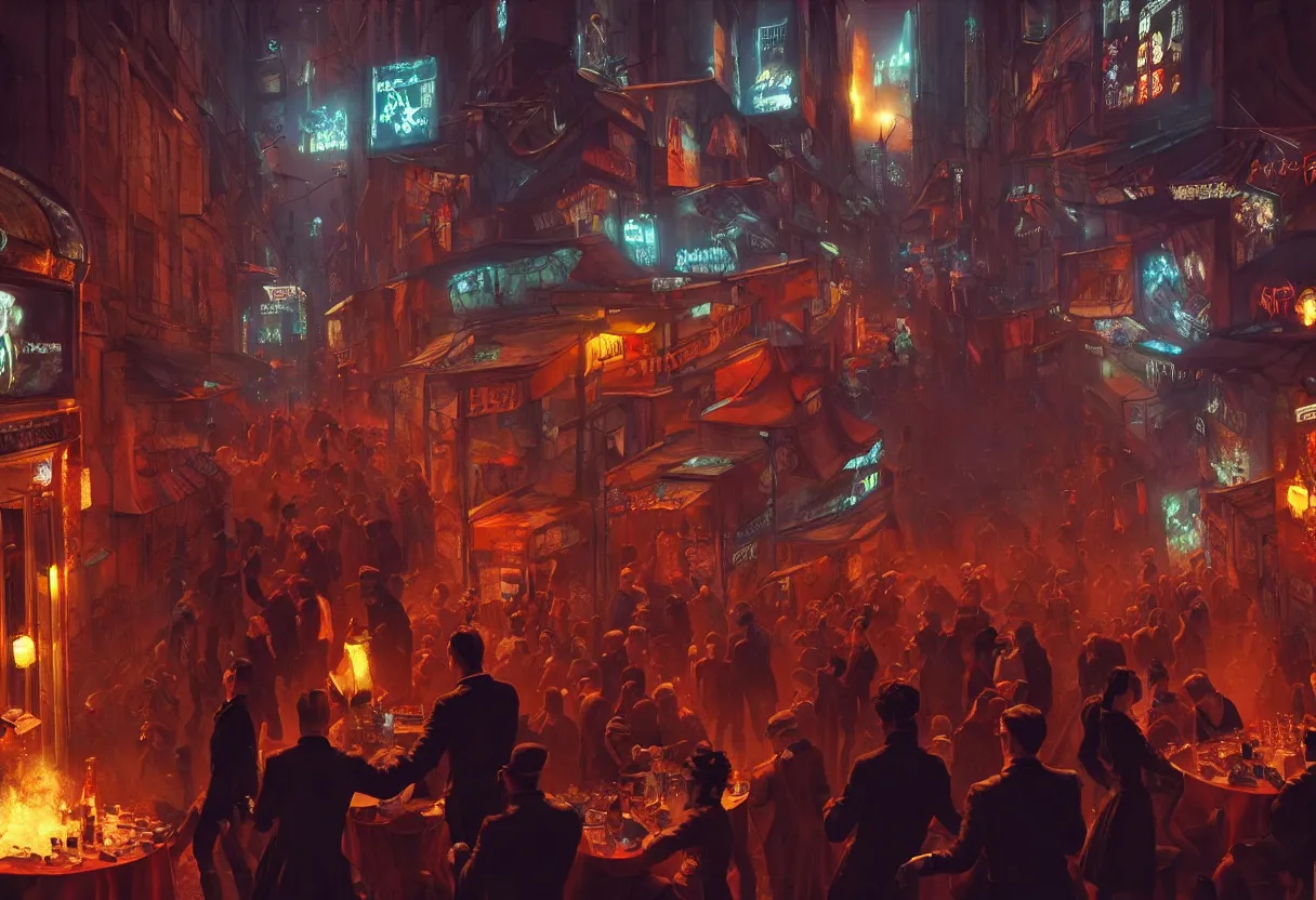 Prompt: a party in monmatre while a scifi and cyberpunk paris is melting down, belle epoque, art noveau, 4 k, high quality, sharp focus, ultra high definition, ultra detailed