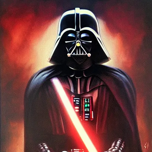 Image similar to an ultra - realistic portrait painting of darth vader in the style of frank frazetta. 4 k. ultra - realistic. highly detailed. dark fantasy. epic lighting.