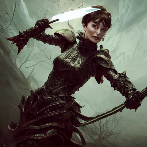 Image similar to Audrey Hepburn, battle armour, casting epic spell, magic the gathering artwork, D&D, fantasy, cinematic lighting, centered, symmetrical, highly detailed, digital painting, artstation, concept art, smooth, sharp focus, illustration, volumetric lighting, epic Composition, 8k, art by Akihiko Yoshida and Greg Rutkowski and Craig Mullins and Daniel Dociu, heroic pose, oil painting, cgsociety, magic lab background