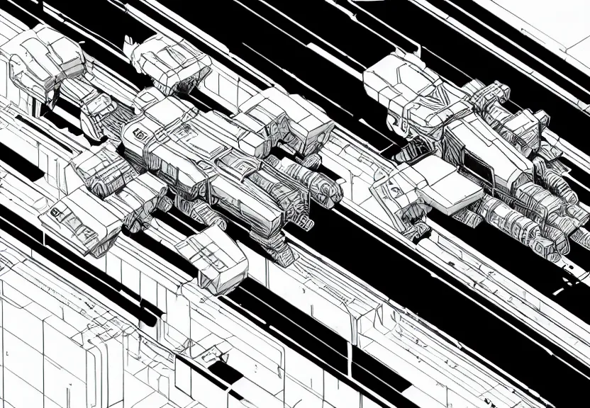 Prompt: isometric digital technical drawing of a spaceship wearing mecha armour by sparth line art, anime technical drawing