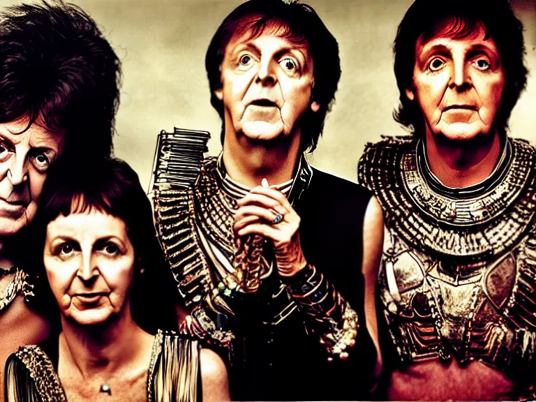 Image similar to a photo of Paul McCartney, Queen Cleopatra, and Conan O’Brian high on meth by Annie Leibovitz