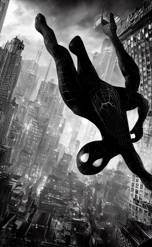 Image similar to epic spiderman noir wallpaper, dynamic lighting, photorealistic fantasy concept art, trending on art station, stunning visuals, creative, cinematic, ultra detailed