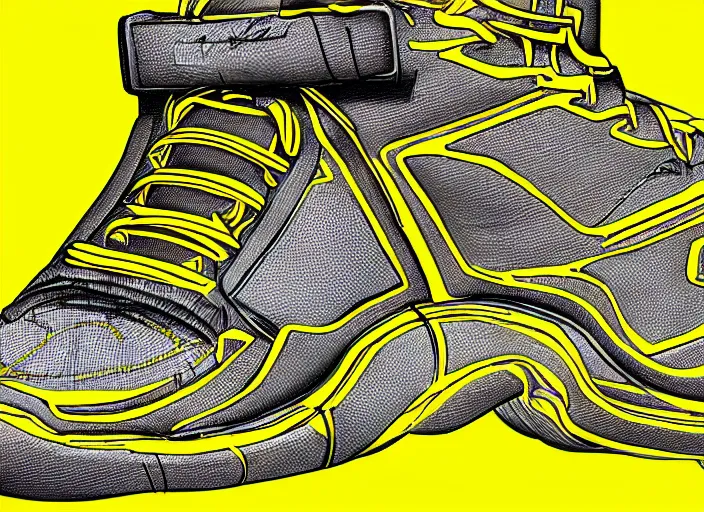 Image similar to sneaker concept, wth short golden lines, yellow details, highly detailed, digital art, sharp focus, trending on art station, anime art style