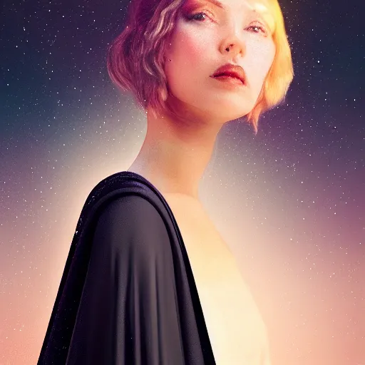 Prompt: woman wearing a cape made of the night sky, elegent, portrait, octane render, radiant lighting, digital painting