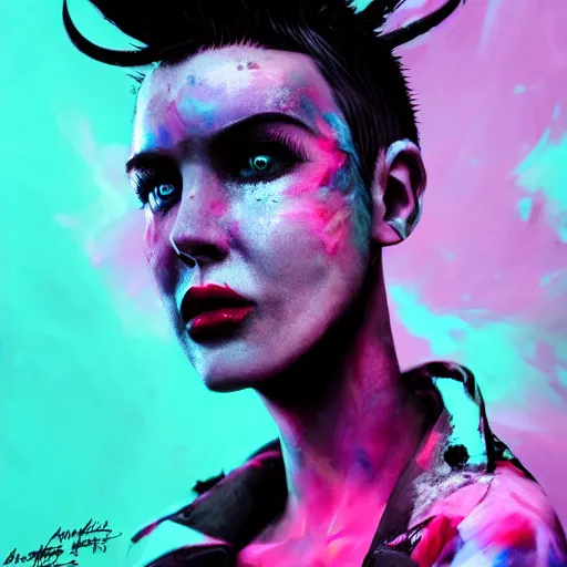 Image similar to splashes of neon clouds, mowhawk, punk women portrait made out of paint, trending on artstation, epic composition, emotional, beautiful, rendered in octane, highly detailed, realistic, tim burton comic book art, sharp focus, unreal engine