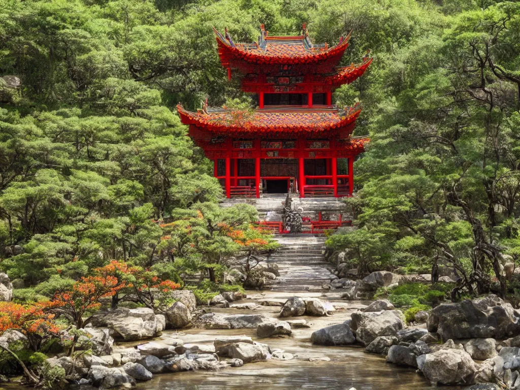 Image similar to a mysterious chinese temple in the deep forest, surrounded by many peach blossoms, a clear stream flowing through, 8 k